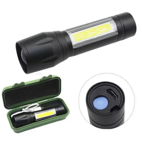Linterna Recargable LED Zoom Alta Potencia con Estuche – USB + Lateral COB