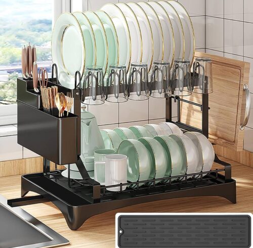 Escurridor de Platos Multifuncional de 2 Niveles con Bandeja y Porta Vasos – Organizador de Cocina en Acero