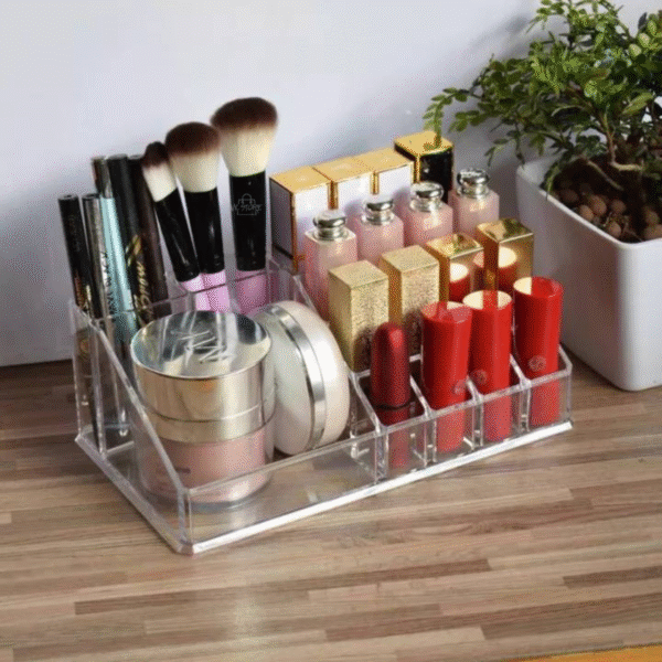 Organizador de Maquillaje Acrílico con 16 Compartimentos – Compacto y Resistente