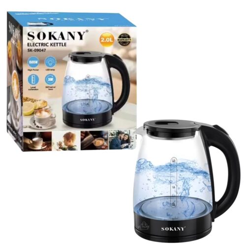 Tetera Eléctrica Sokany 1.7L – Hervidor de Agua de Vidrio 1500W con Luz LED