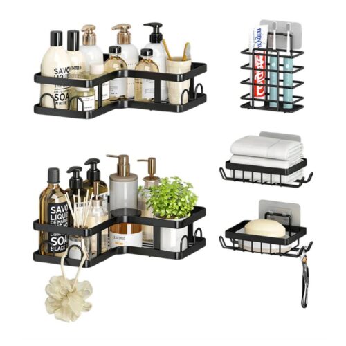 Organizador de Baño y cocina en Esquina de Acero – Set de 5 Piezas con Adhesivos Reforzados
