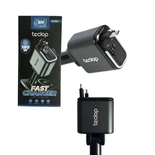 Cargador Rápido para Carro Teclop 5 en 1 – 180W – USB + USB-C PD – Pantalla LED – Cable Integrado Type-C y Lightning