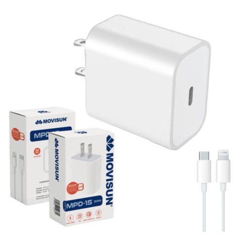 Cargador MOVISUN MPD-15 20W – USB-C Power Delivery – Incluye Cable Type-C a Lightning – Carga Rápida