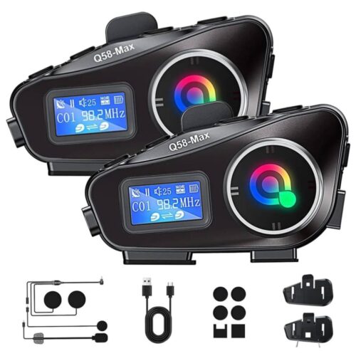 Set x2 Intercomunicadores Bluetooth Q58-Max para Casco de Moto | Pantalla LCD y Radio FM