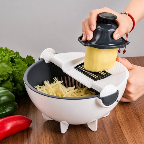 Picador y Rallador de Verduras 9 en 1 con Escurridor, Colador y Recipiente de 2L