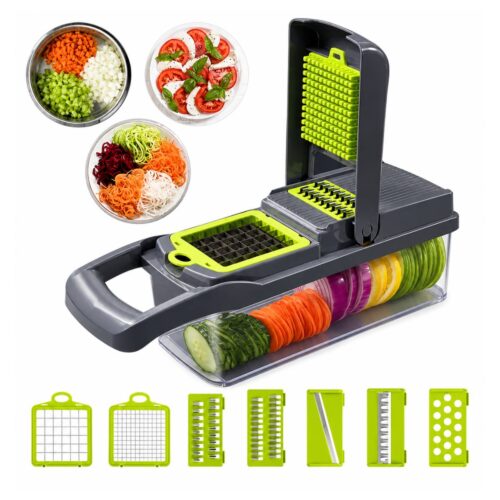 Picador Multifuncional de Verduras 8 en 1 con 7 Cuchillas, Cesta de Drenaje y Recipiente