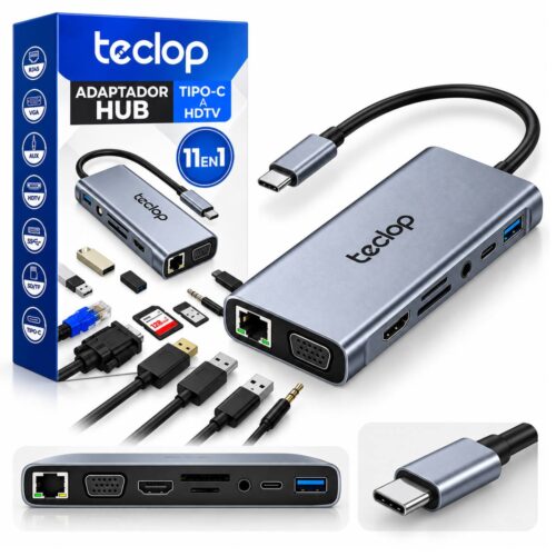 Adaptador USB-C Hub 11 en 1 TecLoop para Laptop con HDMI, VGA, Ethernet, SD y USB