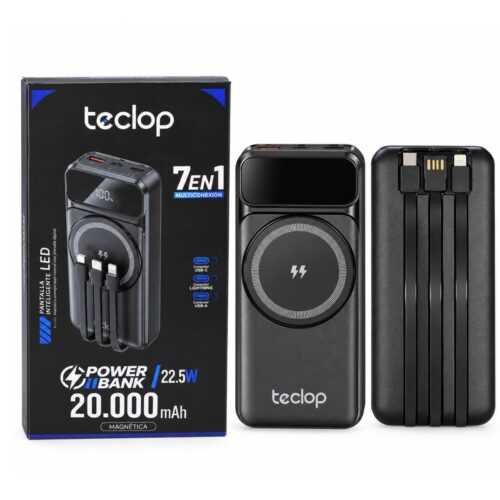 Power Bank TecLoop 20.000 mAh 22.5W 7 en 1 – Carga Magnética + Cables USB-C, Lightning y USB-A